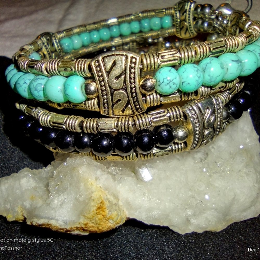 Boho bracelet stack turquoise and obsidian